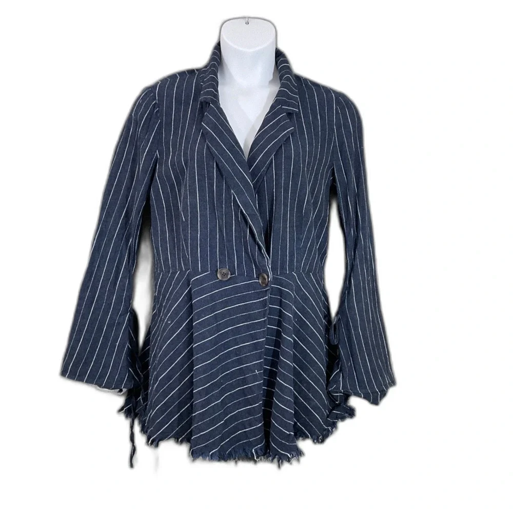 Free People Blazer Women's Large Blue Double Breasted stripes bell sleeves Flaws